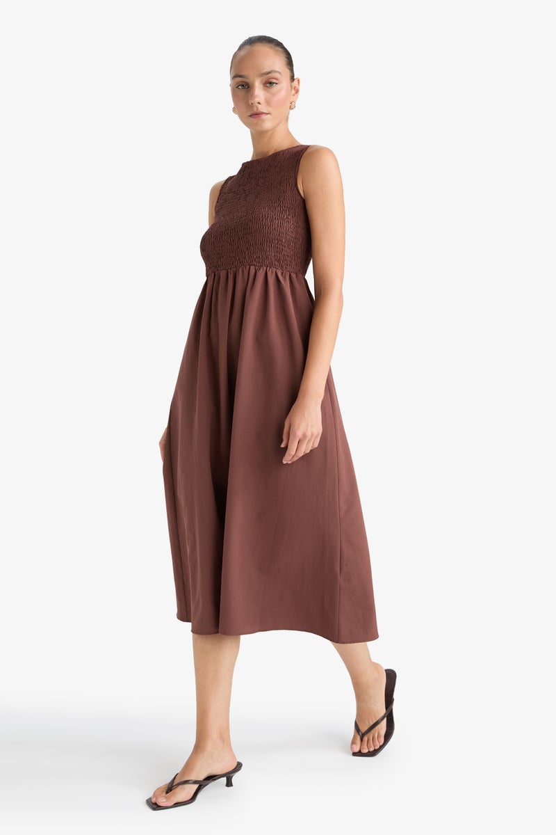 DeFacto Brown Woman Crew Neck Terry Cotton Sleeveless Midi Dress Casual - Image 3